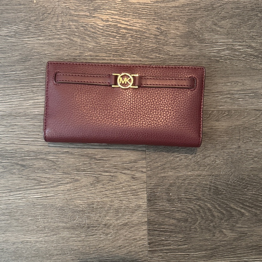 Michael Kors Wine Pebbled Leather Continental Wallet with Gold MK Accent